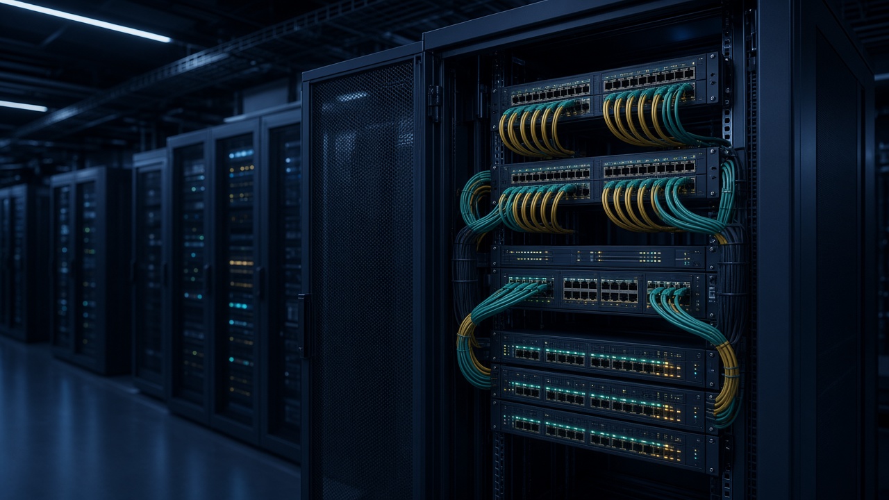 Neatly cabled network rack with switches in a data room