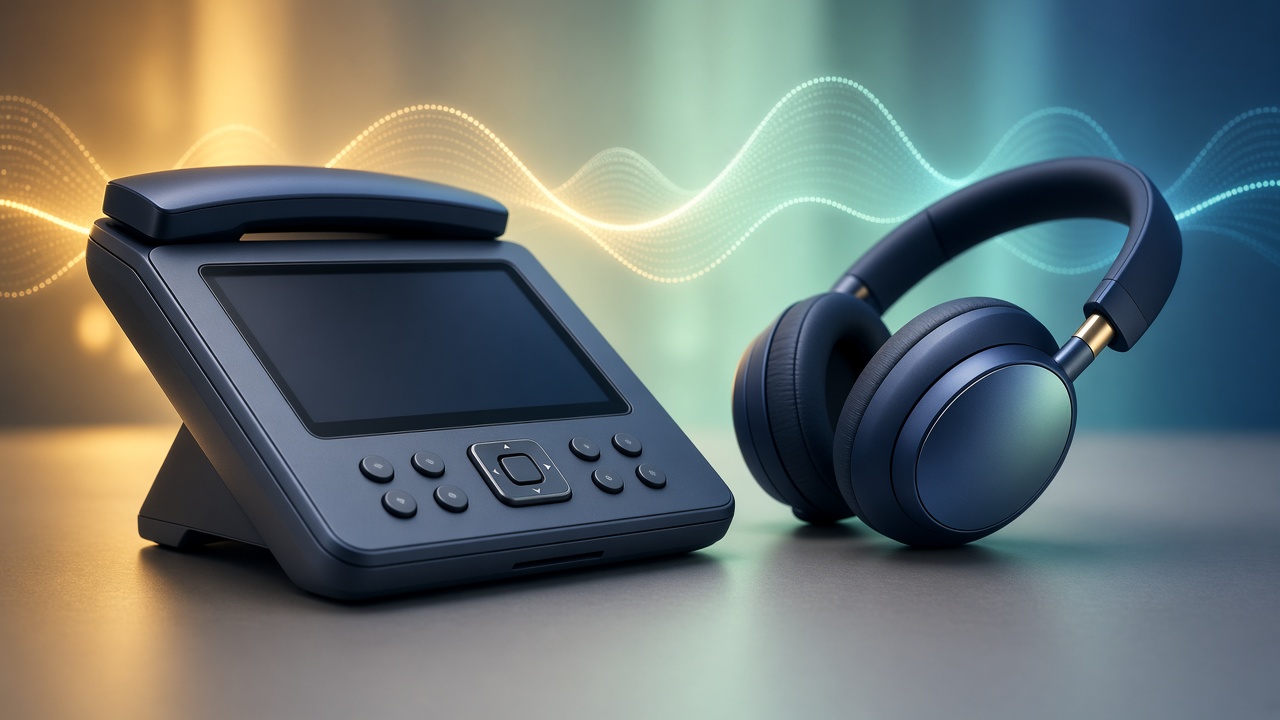 Modern IP desk phone and headset with sound waves in Collabolink brand colours