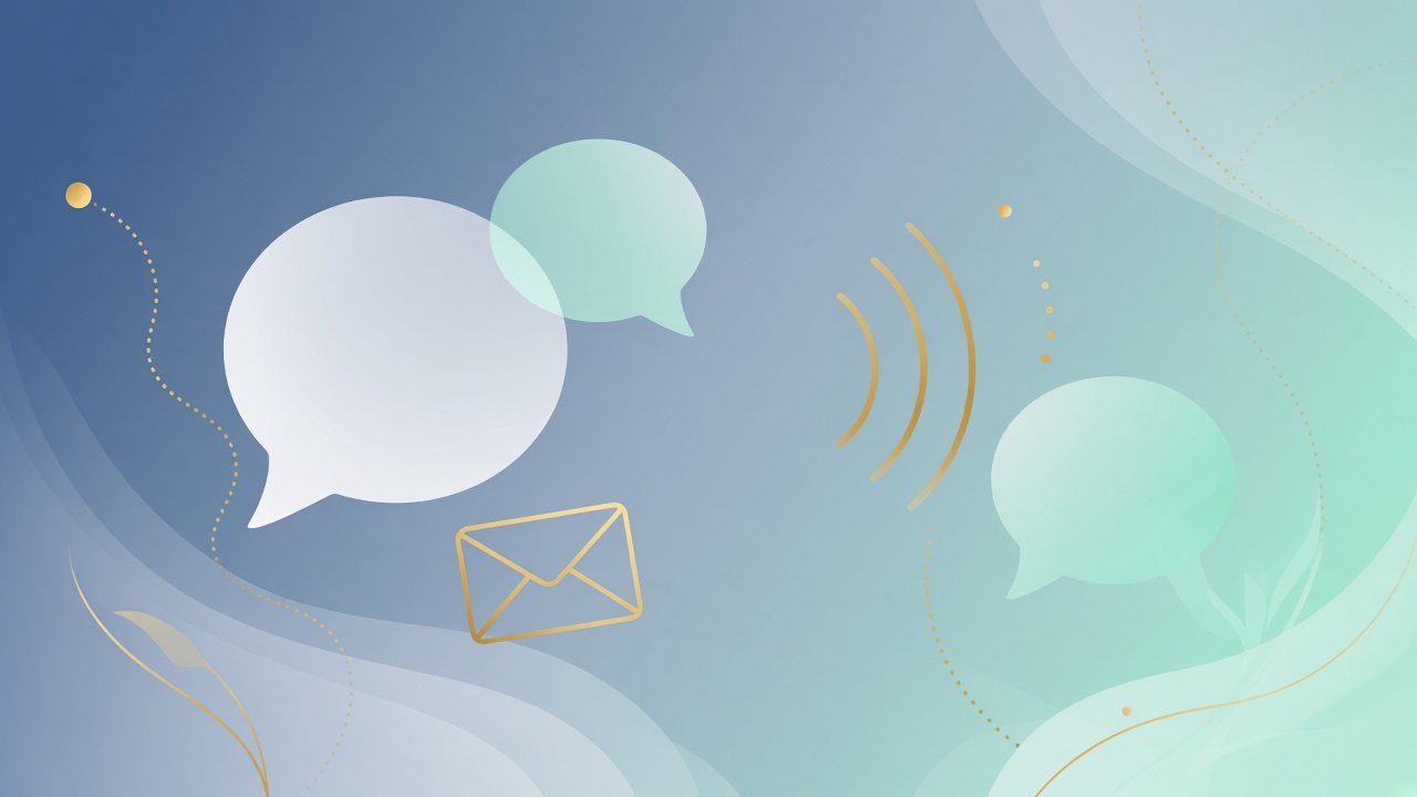Soft speech bubbles, envelope and sound waves on a navy-to-mint gradient
